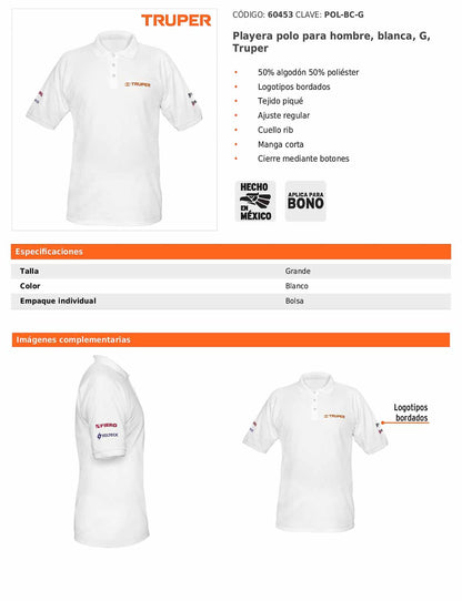 Playera polo para hombre color blanco en talla G con tejido piqué