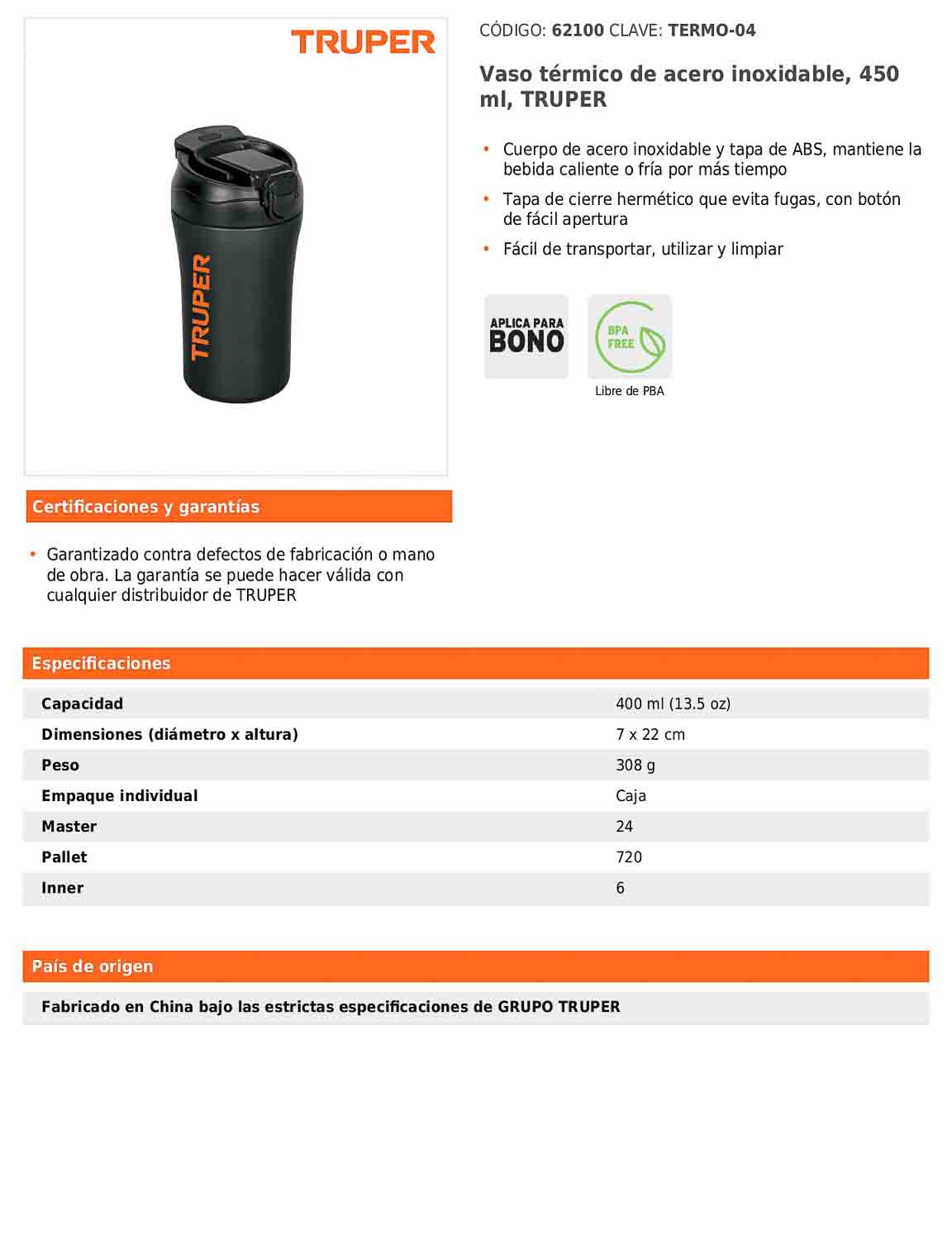 Vaso térmico de acero inoxidable de 450 ml con tapa hermética
