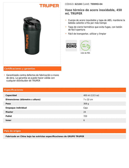 Vaso térmico de acero inoxidable de 450 ml con tapa hermética