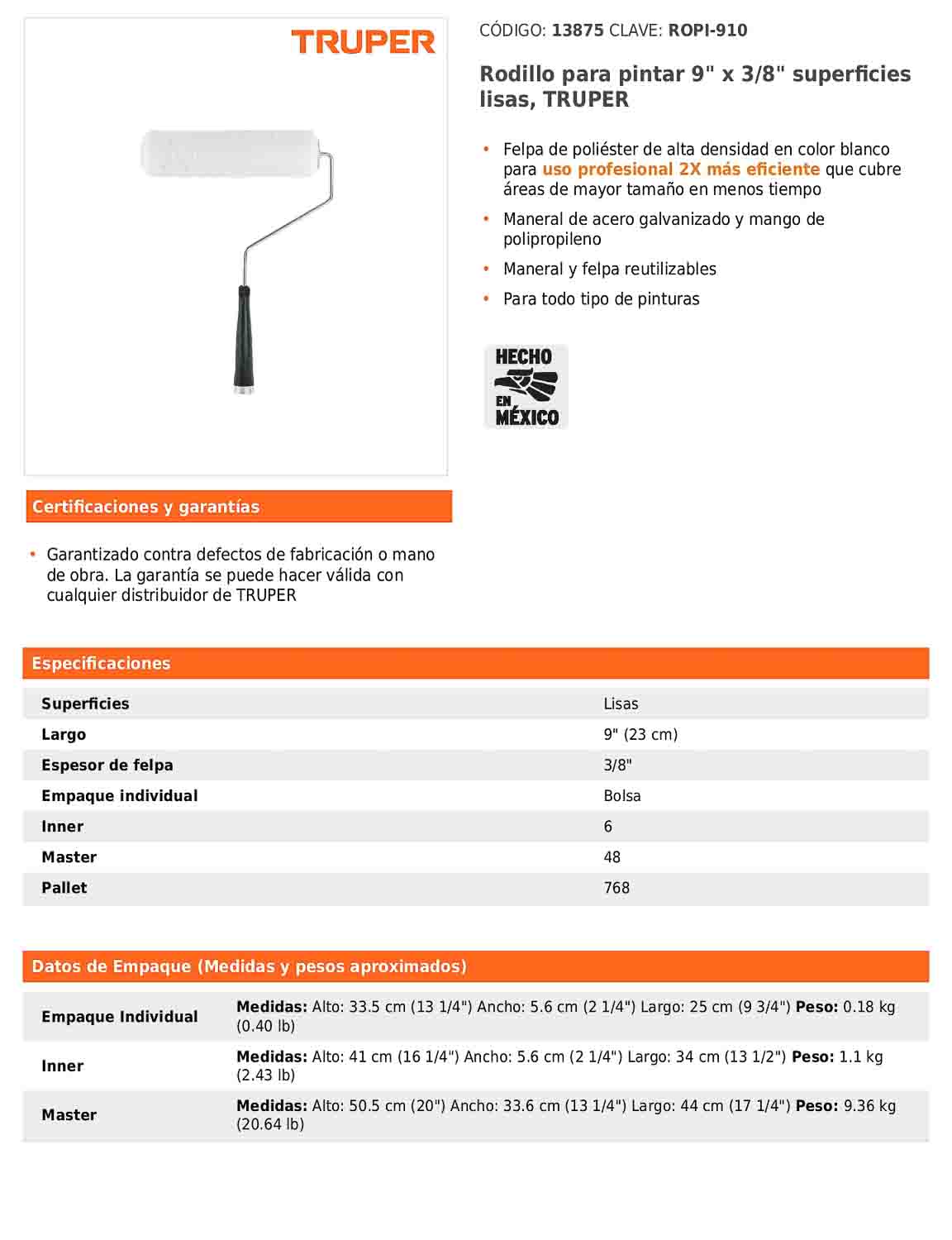 Rodillo para pintar de 9 pulgadas por 3/8 para superficies lisas