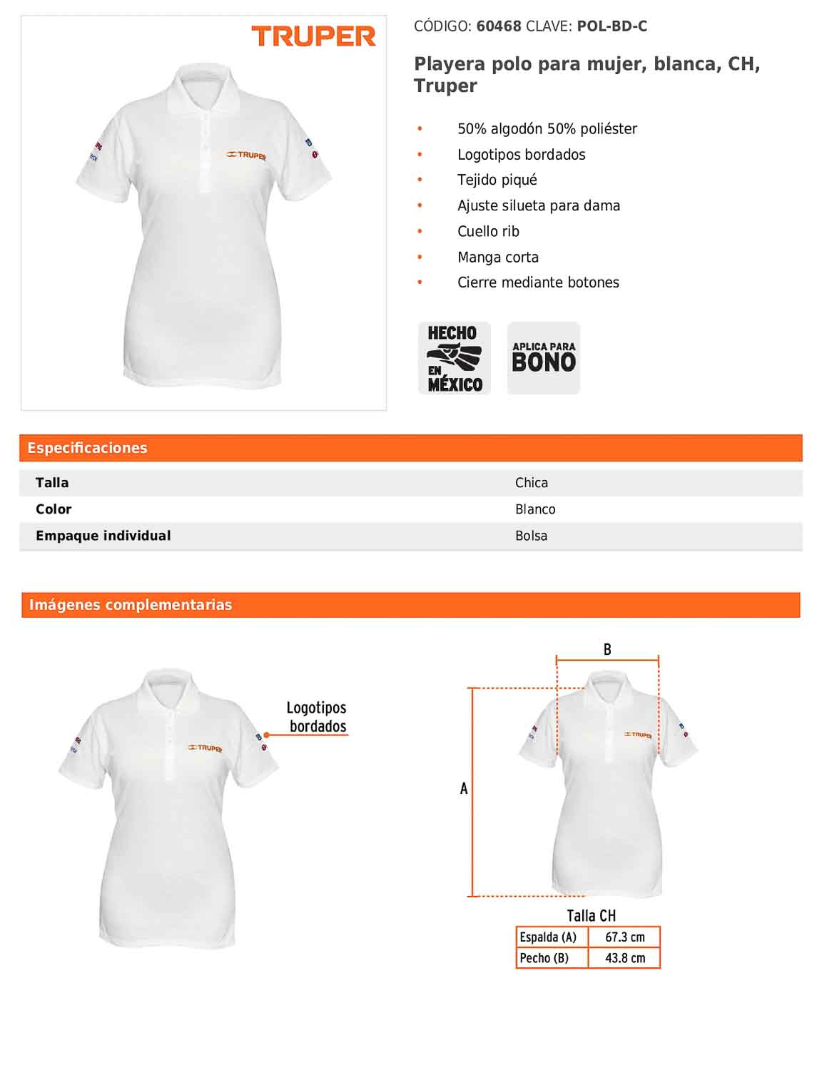 Playera polo para mujer color blanco en talla CH con tejido piqué