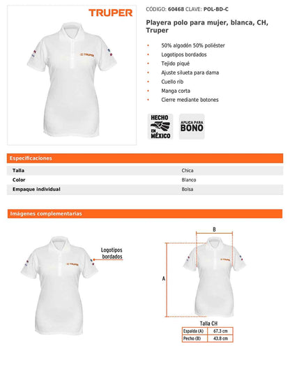 Playera polo para mujer color blanco en talla CH con tejido piqué