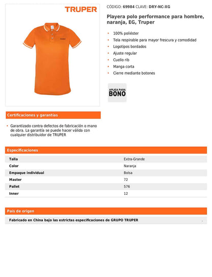 Playera polo performance para hombre naranja talla extra grande