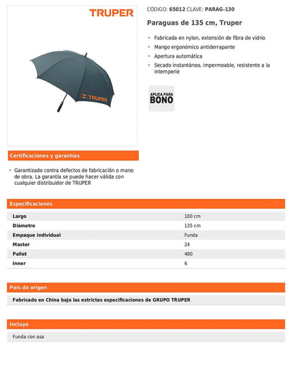 Paraguas de 135 cm con apertura automática y mango ergonómico