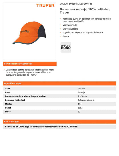 Gorra color naranja 100% poliéster con visera curvada
