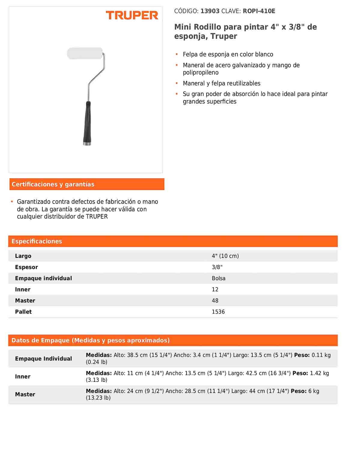 Mini rodillo para pintar de 4 pulgadas por 3/8 de esponja