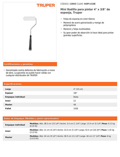 Mini rodillo para pintar de 4 pulgadas por 3/8 de esponja