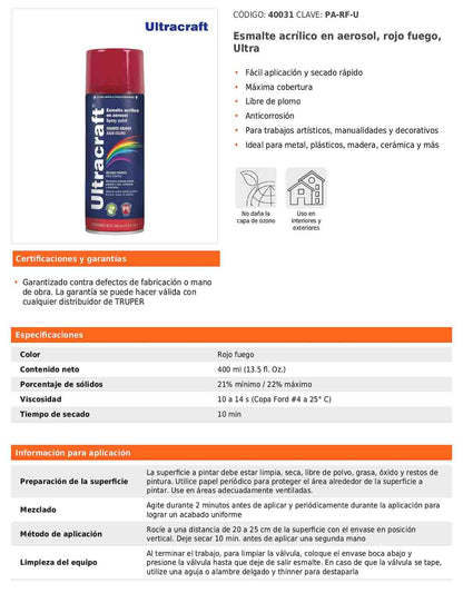 Esmalte acrílico en aerosol rojo fuego Ultra 400 ml