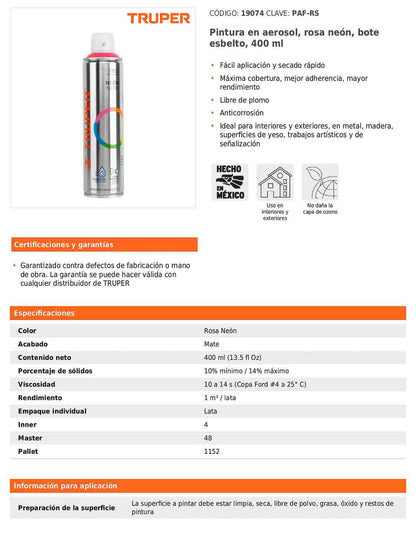 Pintura en aerosol rosa neón bote esbelto 400 ml