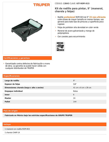 Kit de rodillo para pintar de 9 pulgadas con maneral charola y felpa
