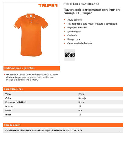 Playera polo performance para hombre naranja talla chica