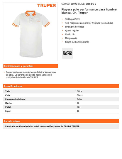 Playera polo performance para hombre blanca talla chica