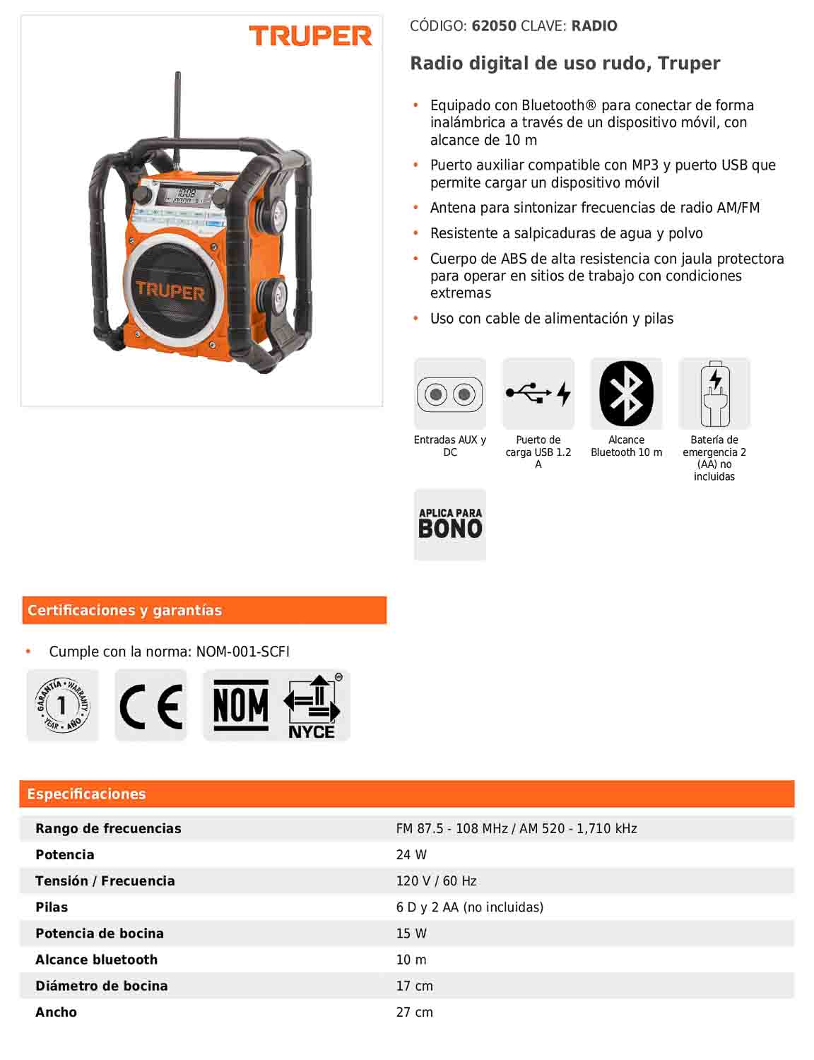 Radio digital de uso rudo con Bluetooth y puerto USB