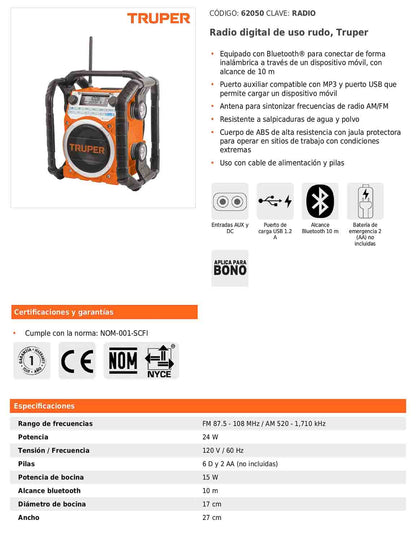 Radio digital de uso rudo con Bluetooth y puerto USB