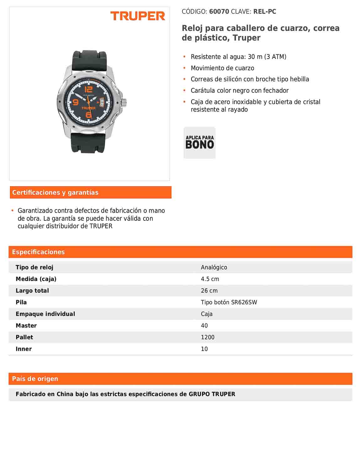 Reloj para caballero de cuarzo con correa de silicón y resistencia al agua 30 m