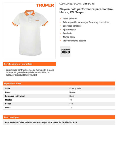 Playera polo performance para hombre blanca talla extra grande