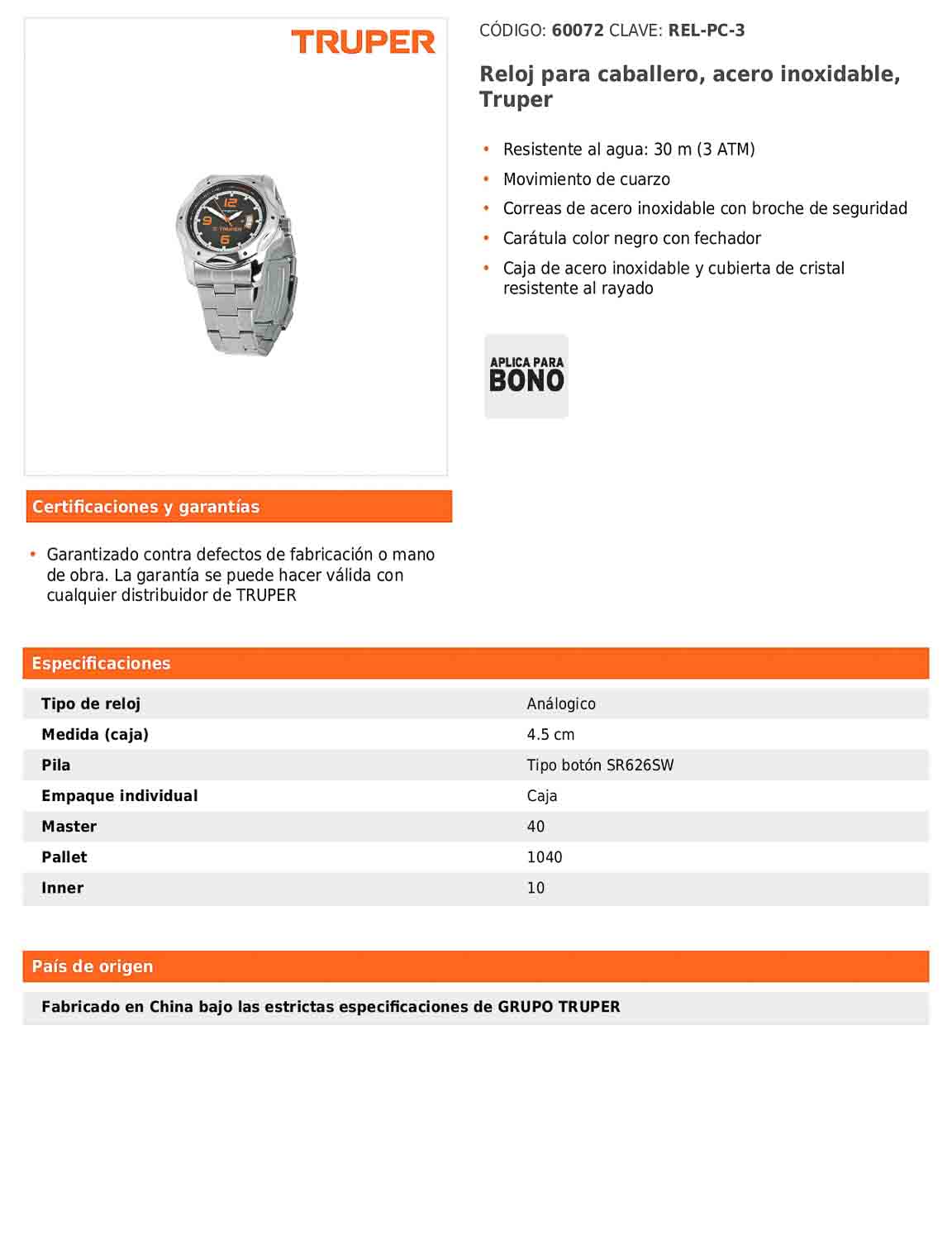 Reloj para caballero de acero inoxidable con resistencia al agua 30 m