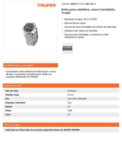 Reloj para caballero de acero inoxidable con resistencia al agua 30 m