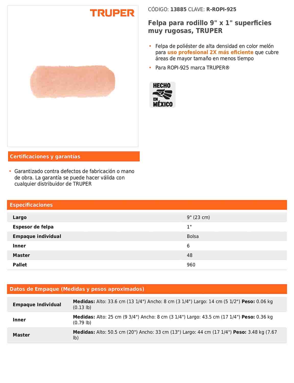 Felpa para rodillo de 9 pulgadas por 1 para superficies muy rugosas