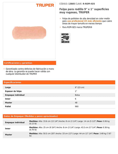 Felpa para rodillo de 9 pulgadas por 1 para superficies muy rugosas