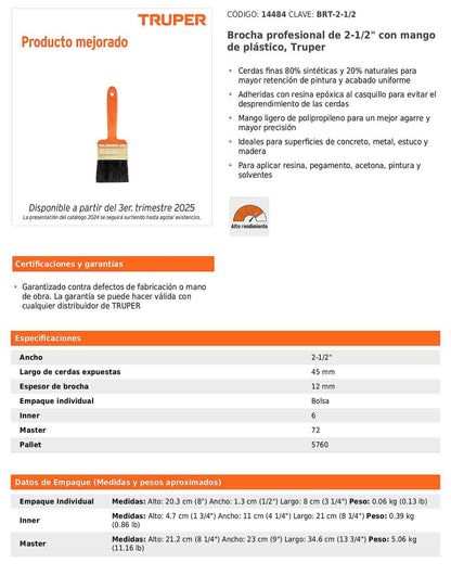 Brocha profesional de 2 1/2 pulgadas con mango de plástico