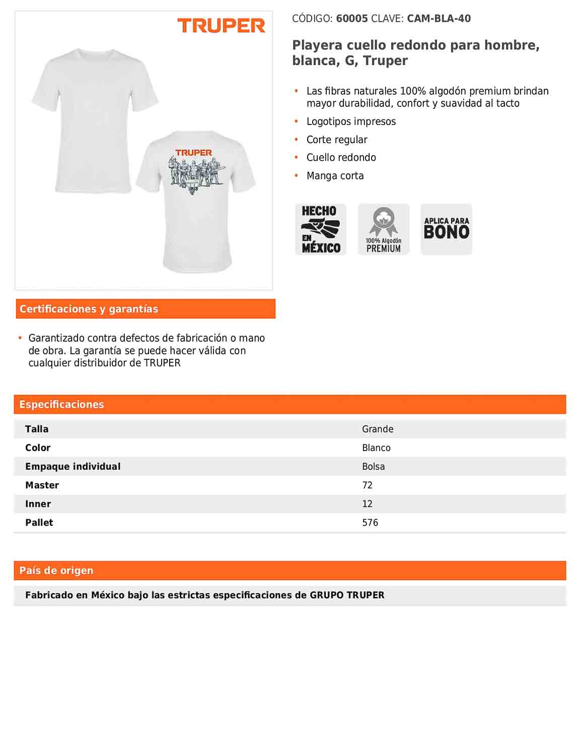 Playera cuello redondo para hombre color blanco en talla G