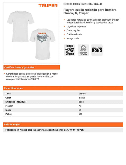 Playera cuello redondo para hombre color blanco en talla G