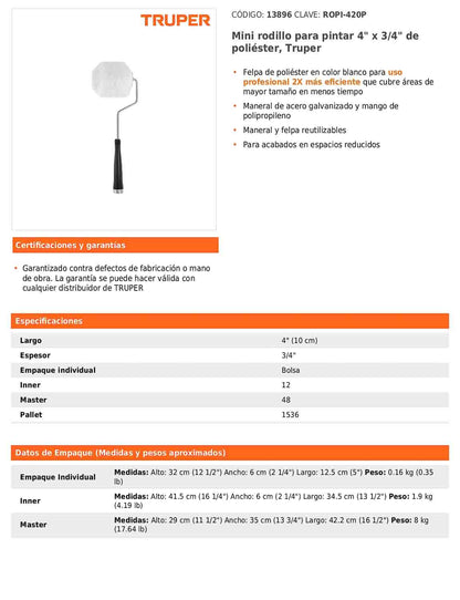 Mini rodillo para pintar de 4 pulgadas por 3/4 de poliéster