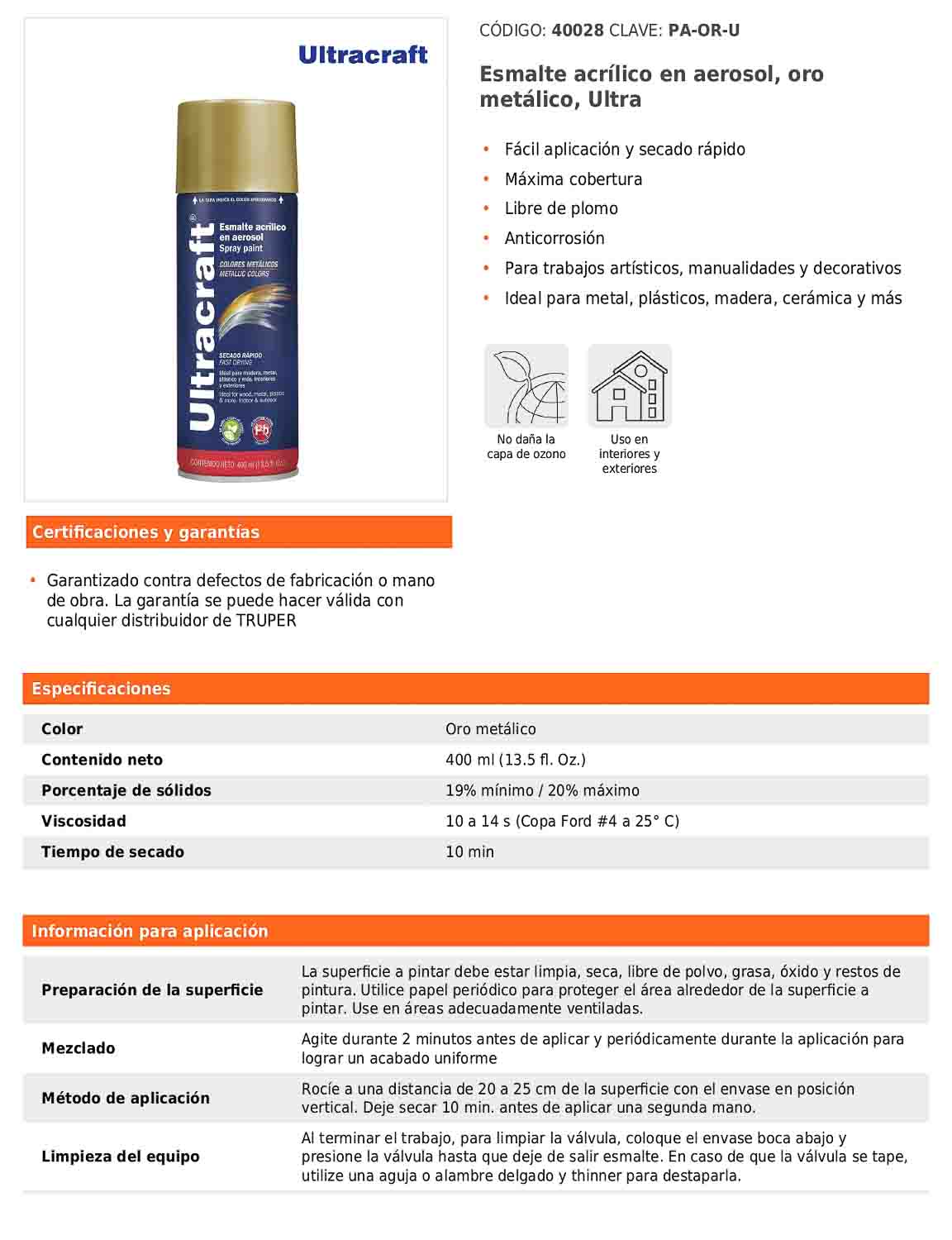 Esmalte acrílico en aerosol oro metálico Ultra 400 ml