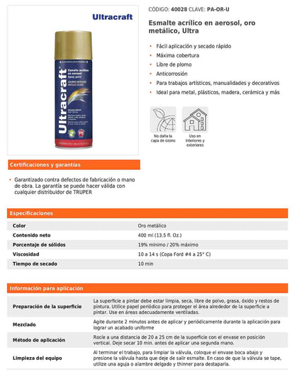 Esmalte acrílico en aerosol oro metálico Ultra 400 ml