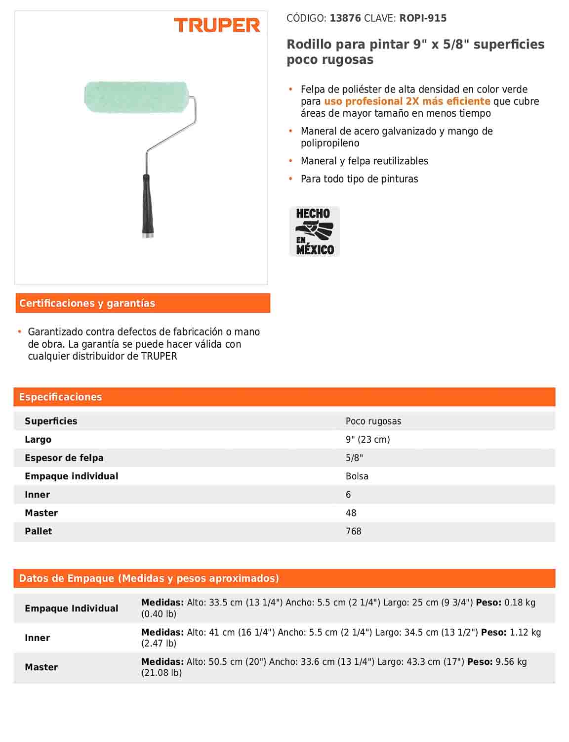 Rodillo para pintar de 9 pulgadas por 5/8 para superficies poco rugosas