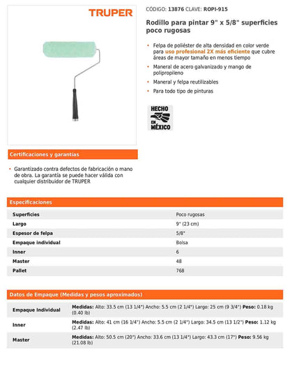 Rodillo para pintar de 9 pulgadas por 5/8 para superficies poco rugosas