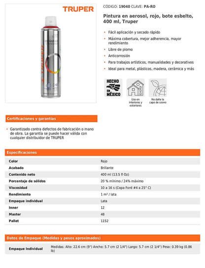 Pintura en aerosol rojo bote esbelto 400 ml