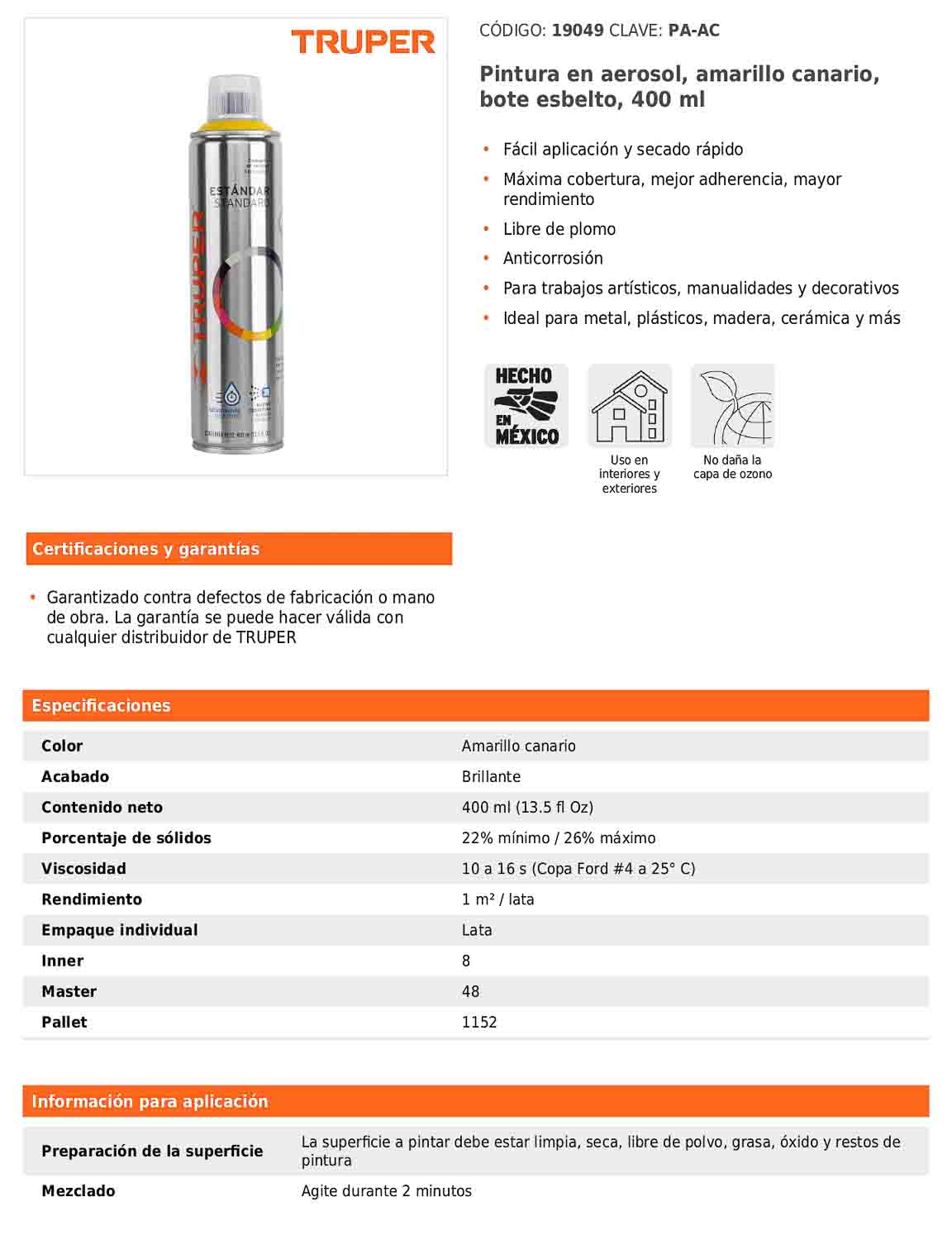 Pintura en aerosol amarillo canario bote esbelto de 400 ml