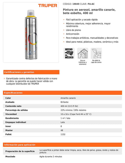 Pintura en aerosol amarillo canario bote esbelto de 400 ml