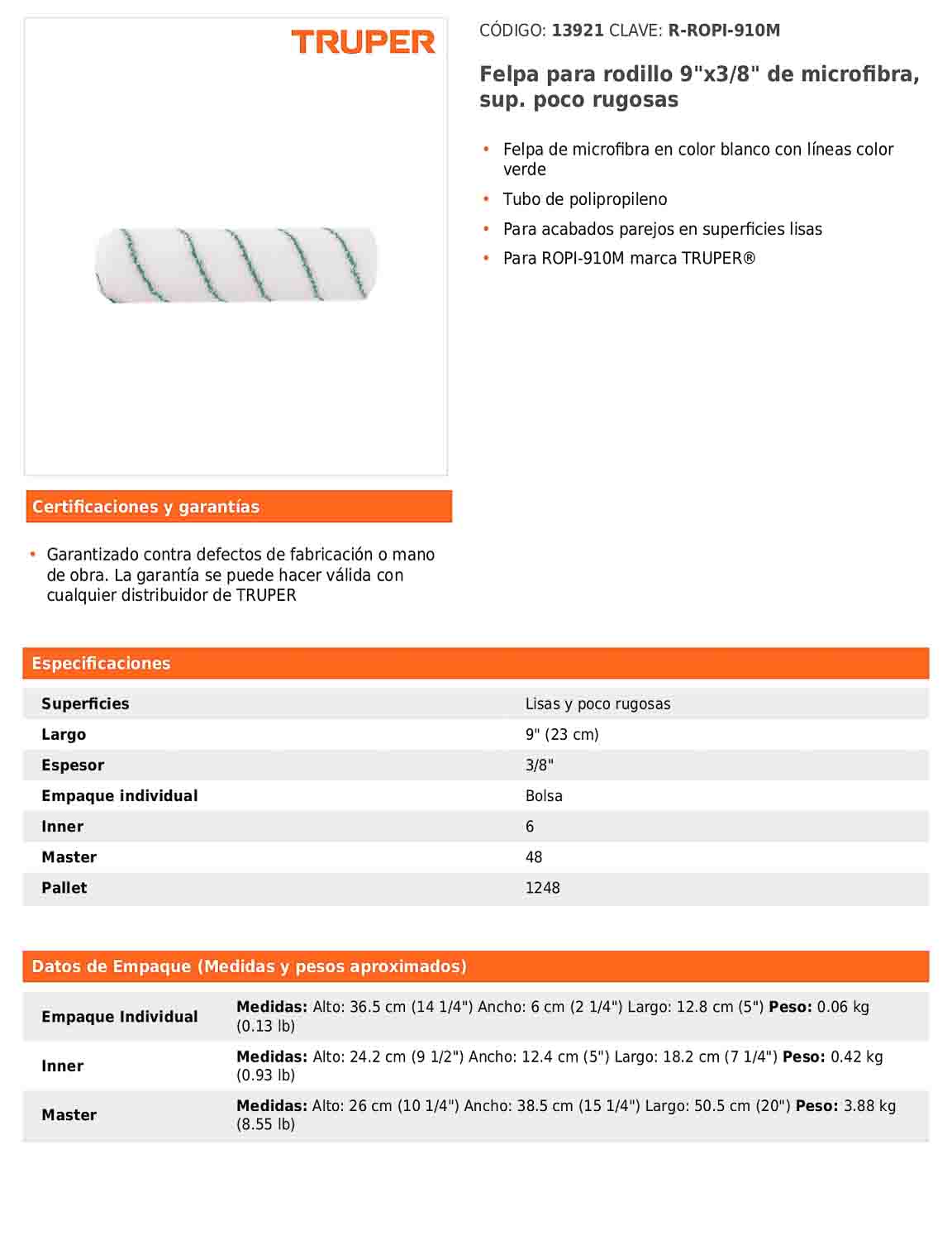 Felpa para rodillo de 9 pulgadas por 3/8 de microfibra para superficies lisas y poco rugosas