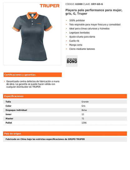 Playera polo performance para mujer color gris en talla G