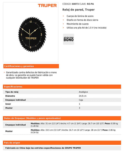 Reloj de pared con diseño de disco sierra y movimiento de cuarzo