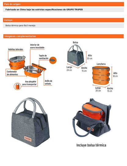 Lonchera térmica con 3 contenedores de acero inoxidable y bolsa térmica