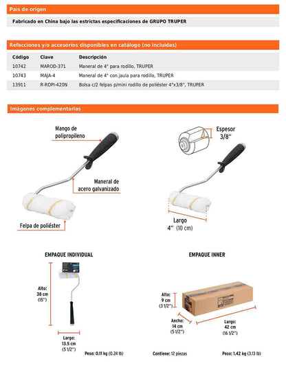 Mini rodillo para pintar de 4 pulgadas por 3/8 de poliéster