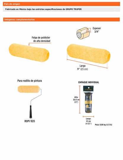 Felpa para rodillo de 9 pulgadas por 3/4 para superficies rugosas