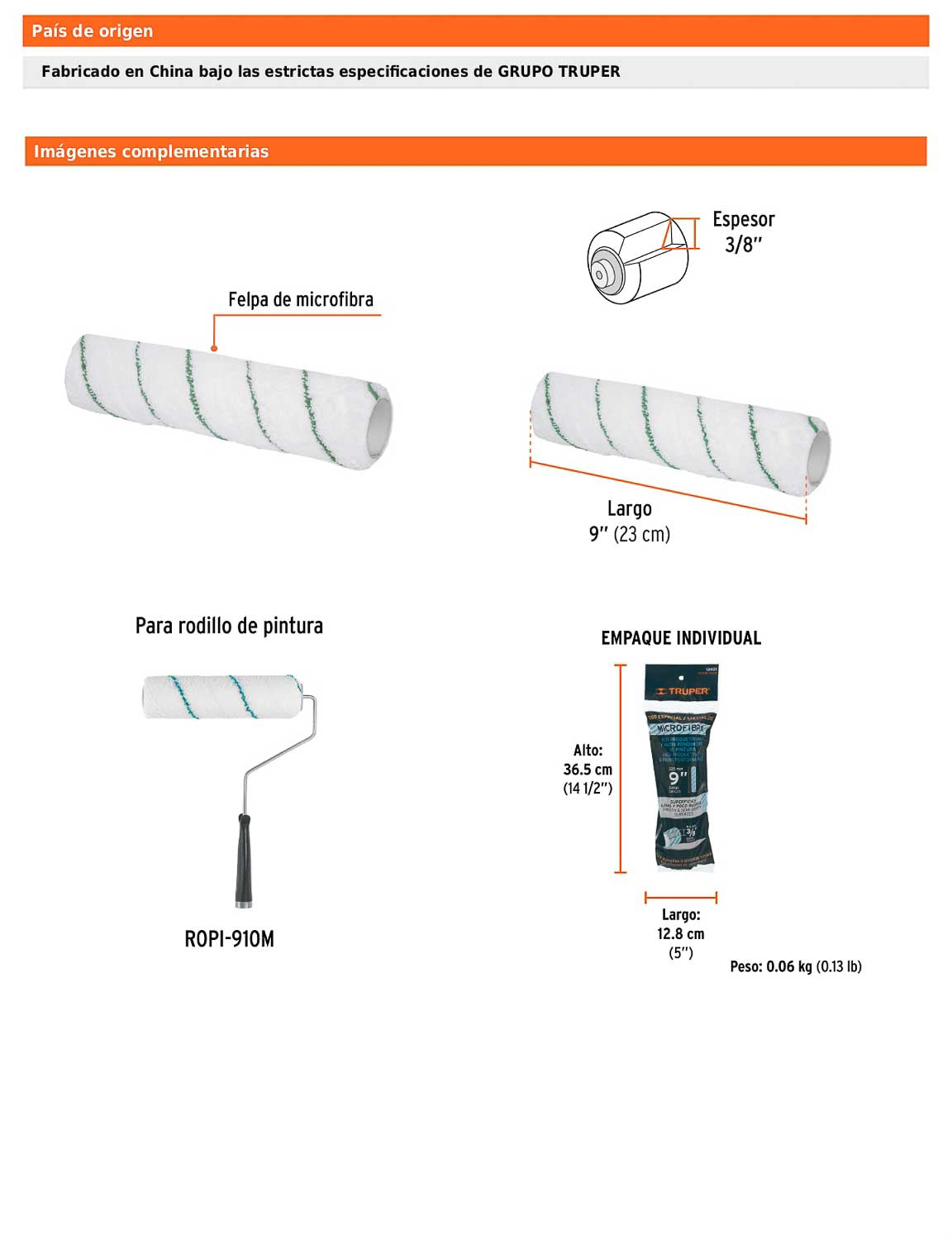 Felpa para rodillo de 9 pulgadas por 3/8 de microfibra para superficies lisas y poco rugosas