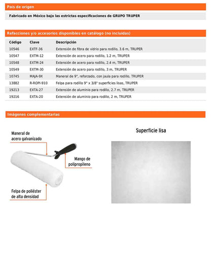 Rodillo para pintar de 9 pulgadas por 3/8 para superficies lisas