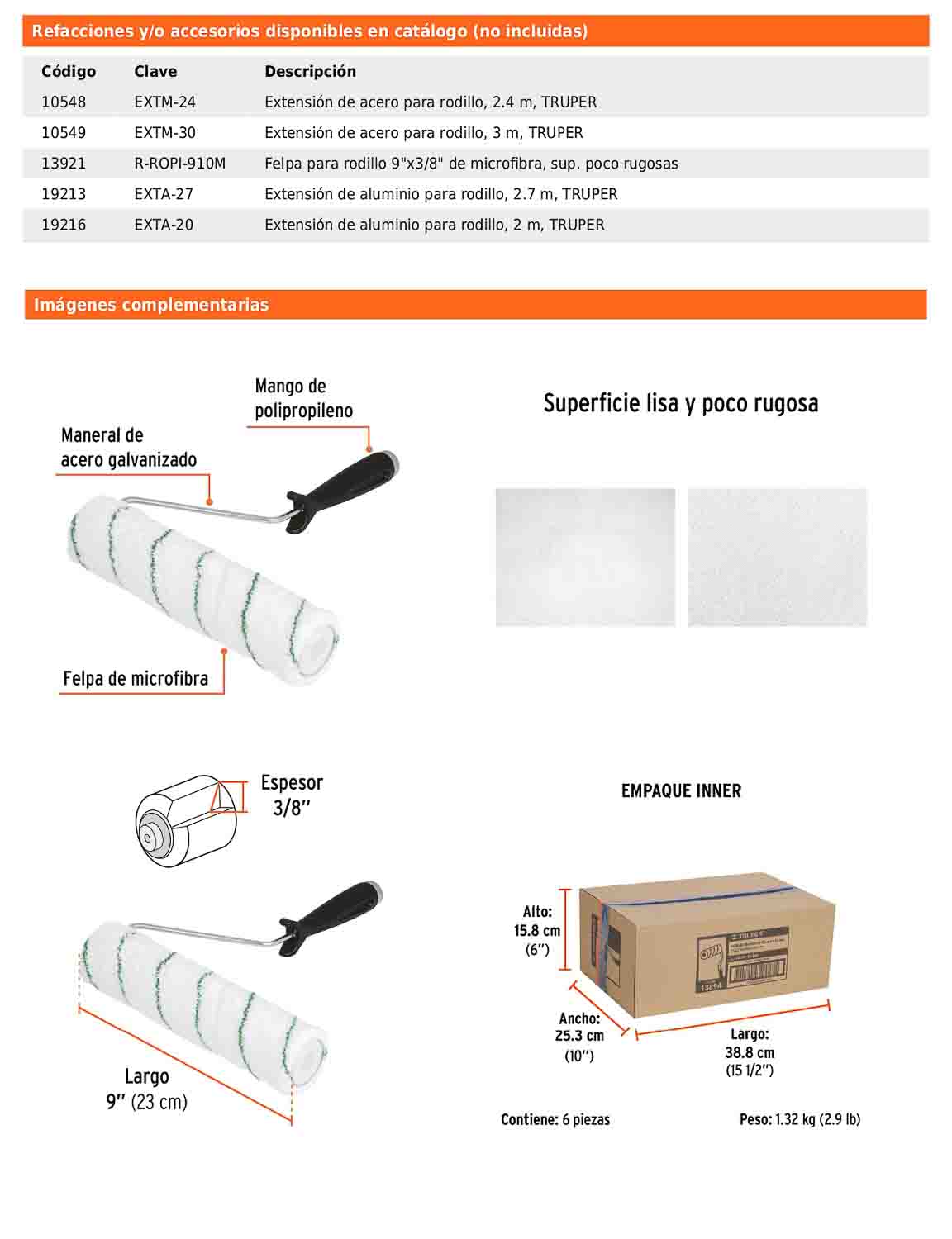 Rodillo para pintar de 9 pulgadas por 3/8 de microfibra para superficies lisas y poco rugosas
