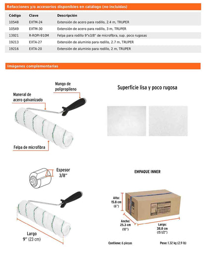 Rodillo para pintar de 9 pulgadas por 3/8 de microfibra para superficies lisas y poco rugosas
