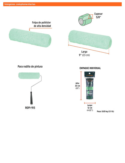 Felpa para rodillo de 9 pulgadas por 5/8 para superficies poco rugosas