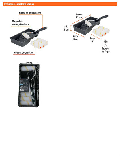 Kit de rodillo para pintar de 4 pulgadas con maneral charola y cinco felpas