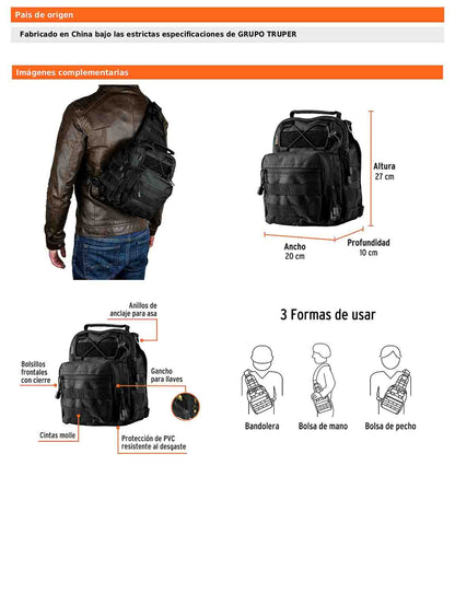 Mochila táctica multiusos negra de 6 L con diseño 3 en 1