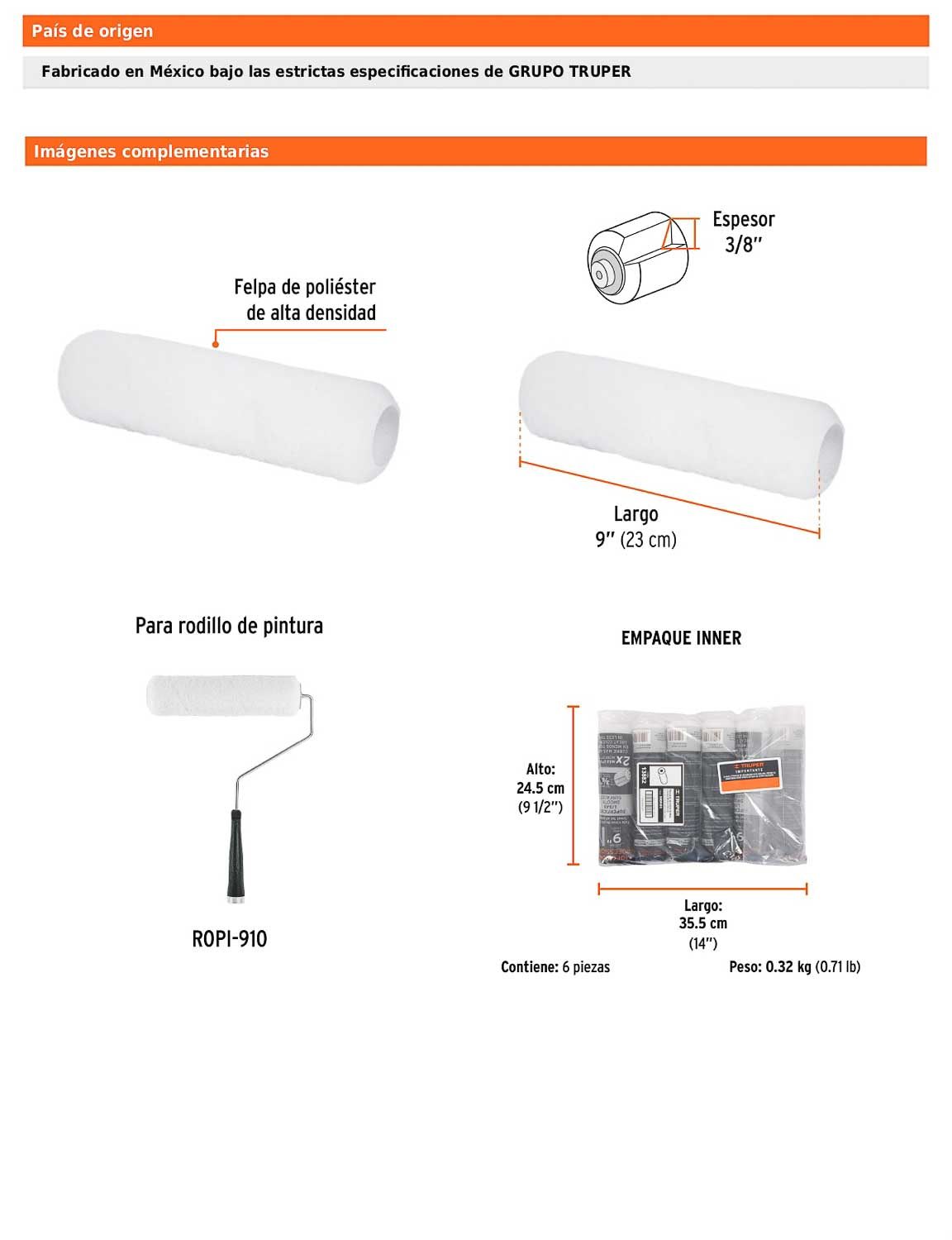 Felpa para rodillo de 9 pulgadas por 3/8 para superficies lisas