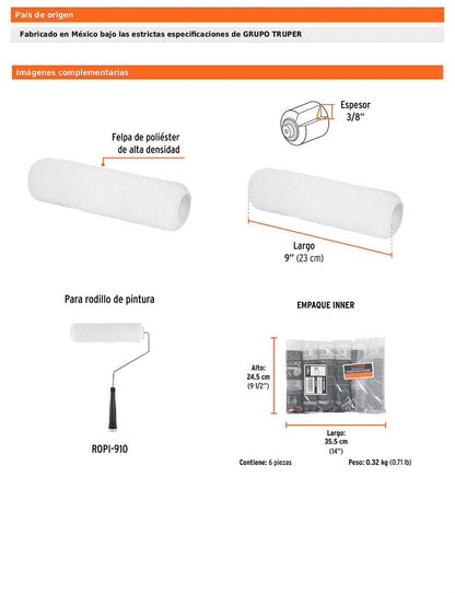 Felpa para rodillo de 9 pulgadas por 3/8 para superficies lisas